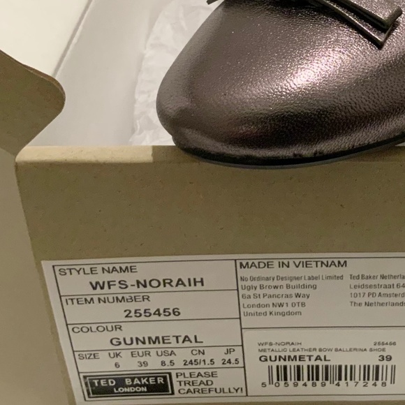 Ted Baker Noraih Grey Metallic Gunmetal Leather Bow Ballerina Flat Shoes 39 8.5 - Picture 5 of 10